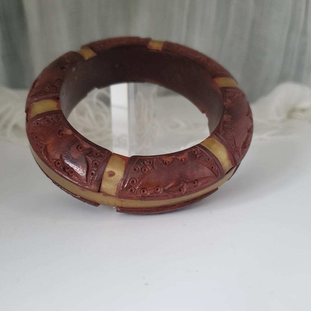 Hand-Carved Eagle Wood Bangle with Brass Accents